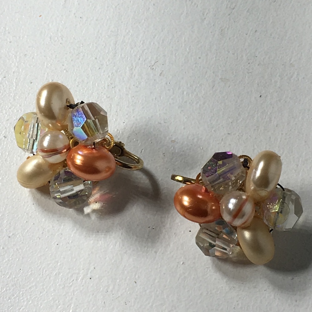 Vintage Multicolored Beads Cluster Clip Earrings